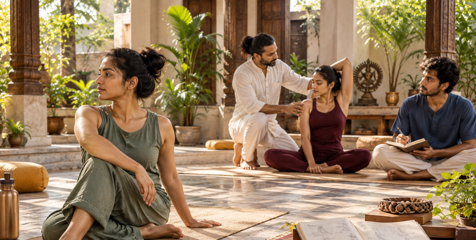 Group practising seated yoga and breathwork beside the Ganges in Rishikesh