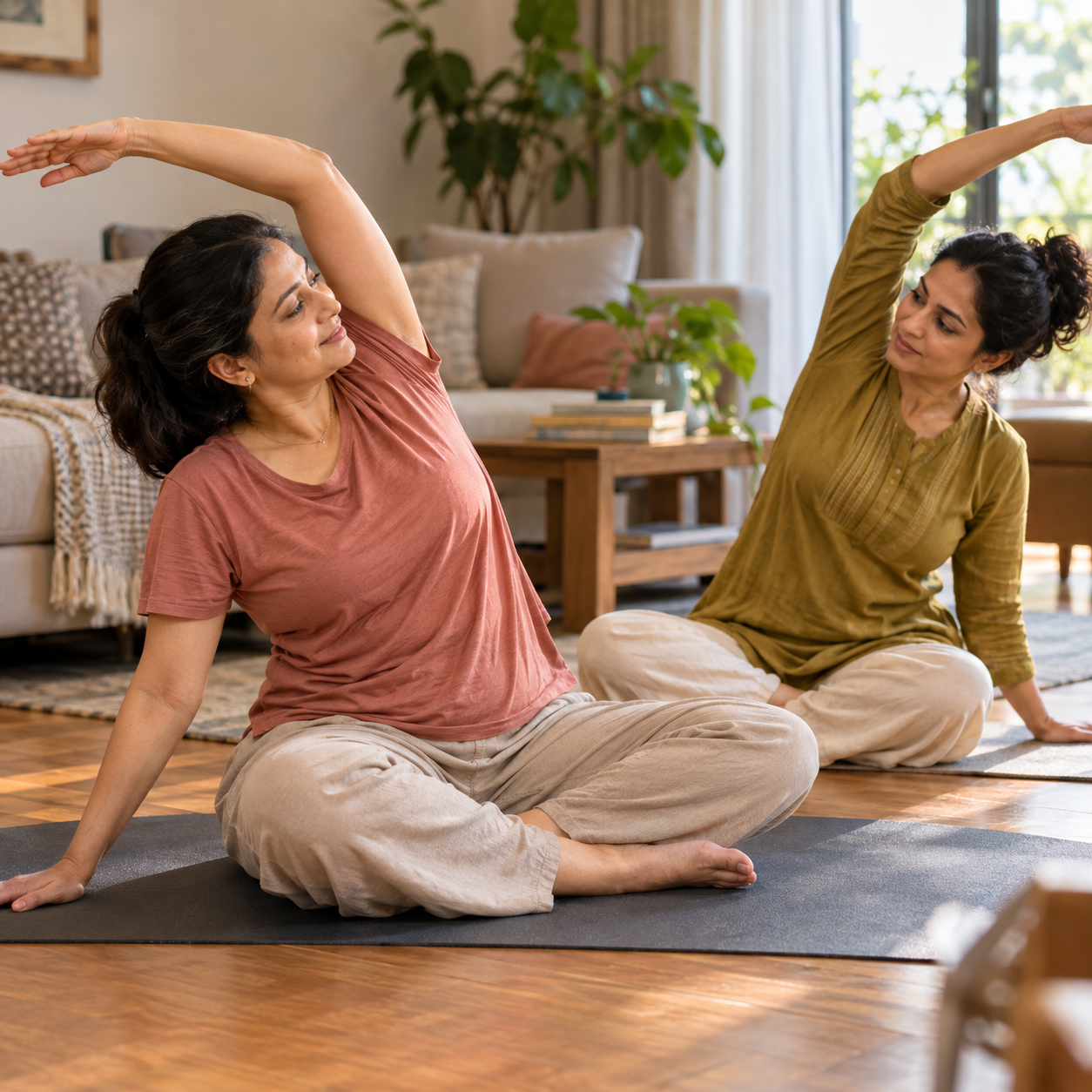 Mother practising yoga at home while her daughter joins in
