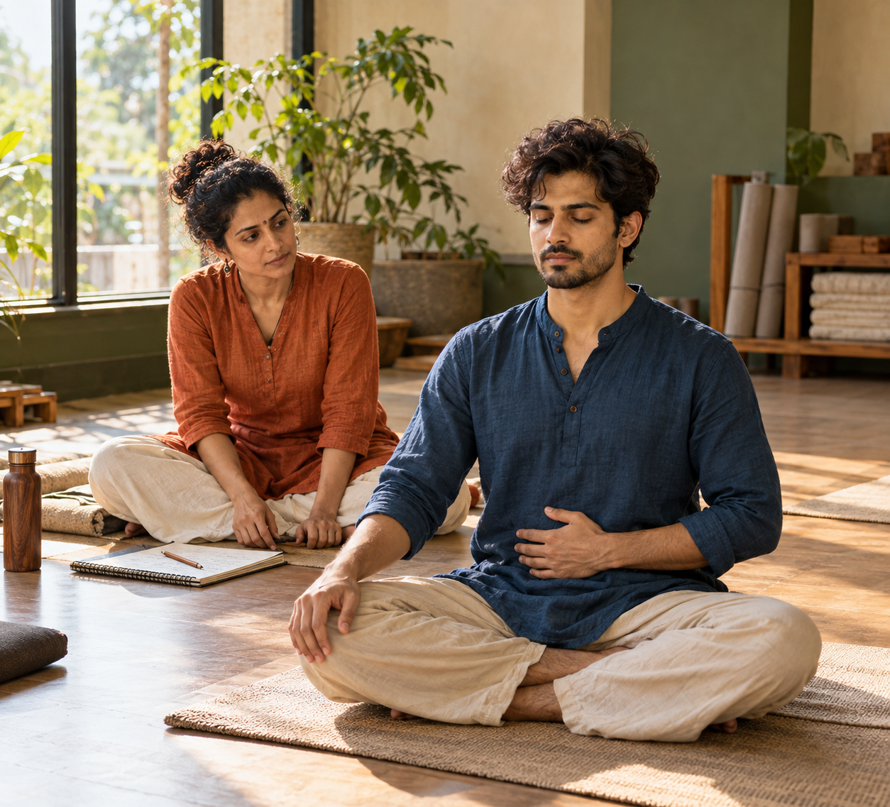Hand position for alternate-nostril breathing, one of the practices a teacher learns to guide