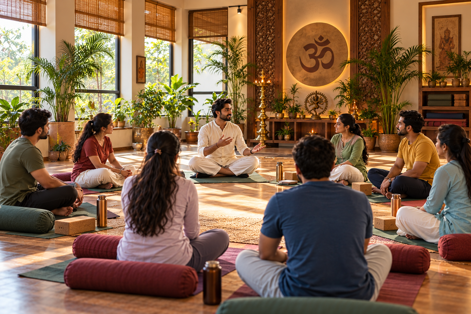 Students gathered for a yoga class in a bright, plant-filled studio