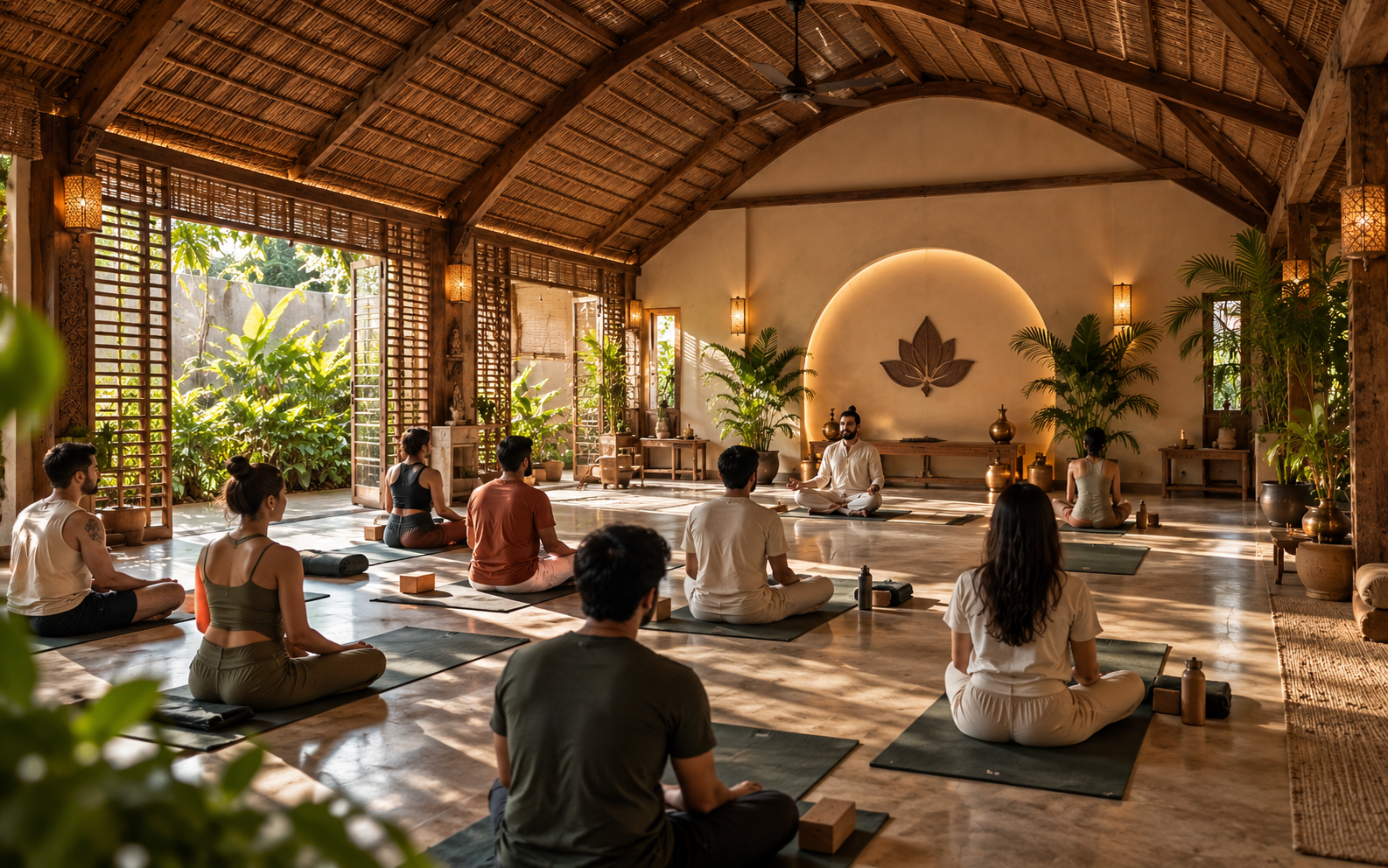 Students meditating together in the wooden Yoga hall at Anahat Yoga, Pune