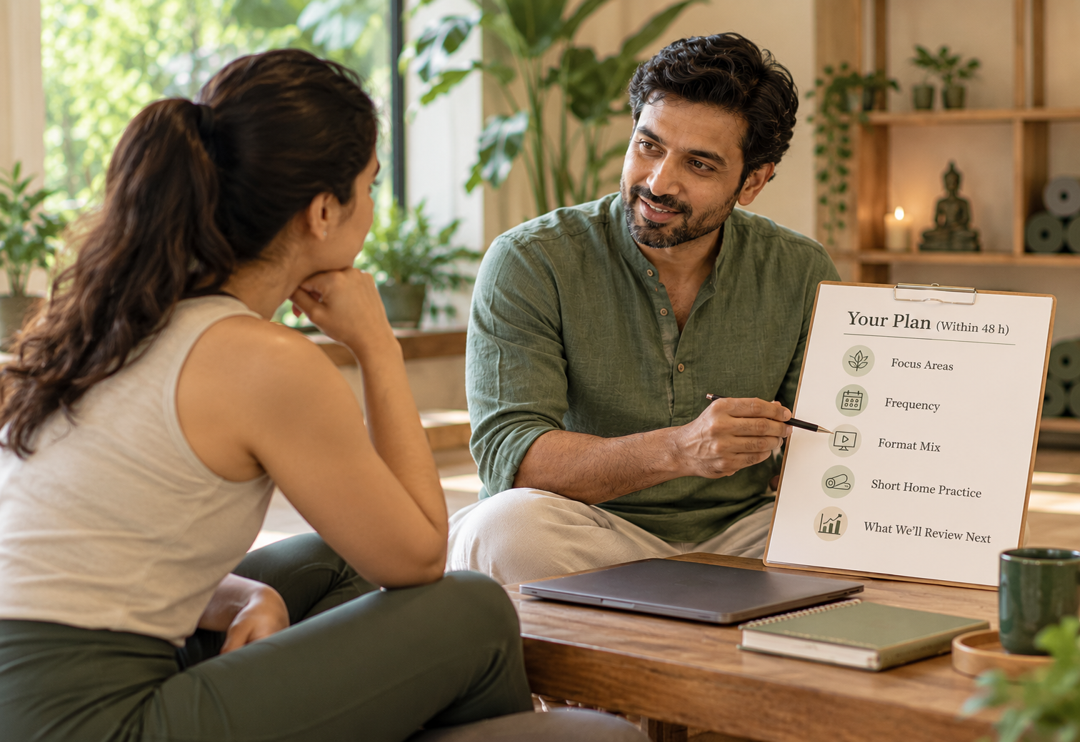 Client reading through her written personal yoga plan
